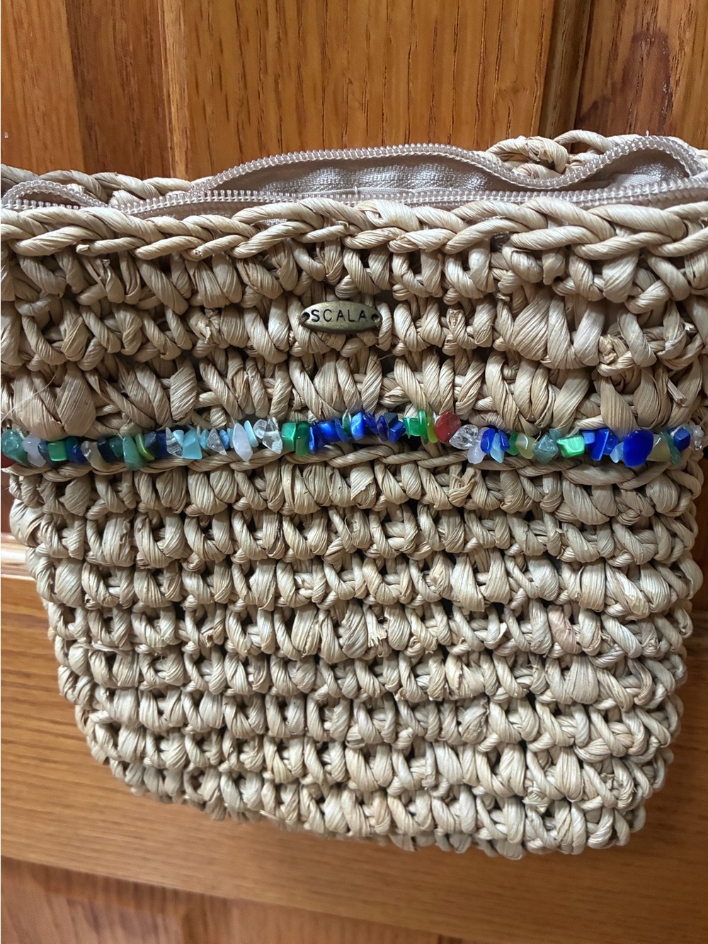 Scala Natural Straw Crossbody with Blue and Green Bead Trim